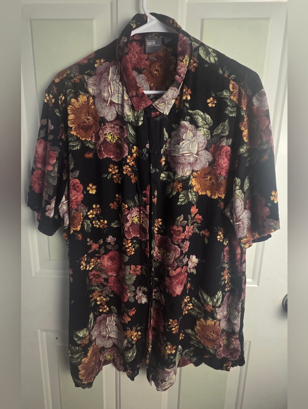 ASOS Black Short-Sleeve Floral Button-Down Shirt with Red & Gold Blooms